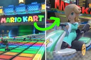 mario kart rainbow road track next to a picture of rosalina from mario kart