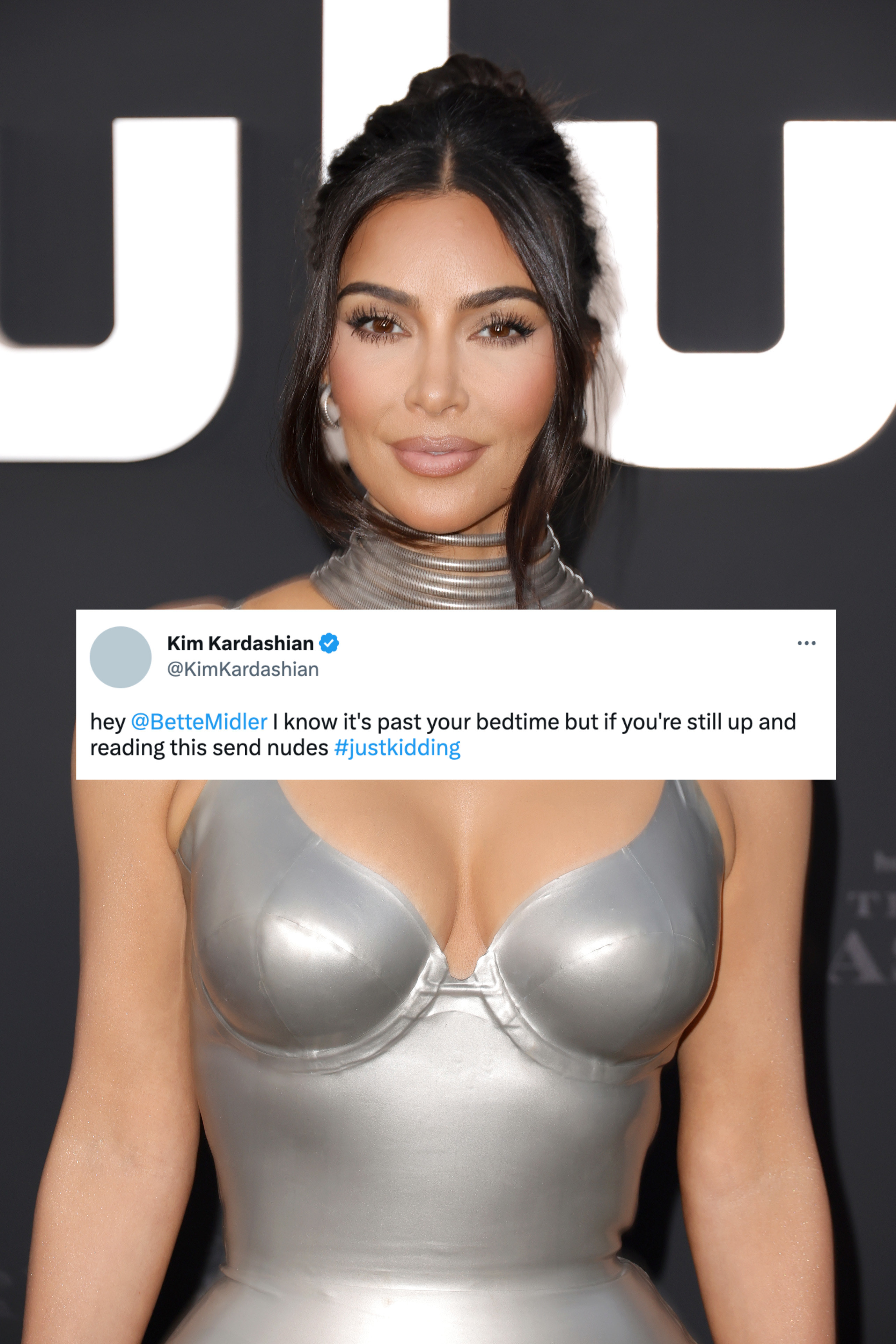 A photo of Kim Kardashian on the red carpet, with a screenshot of her tweet on it
