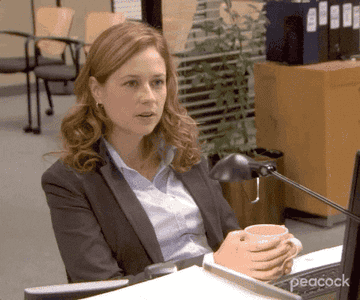 Pam from The Office taking a sip of her cup of tea