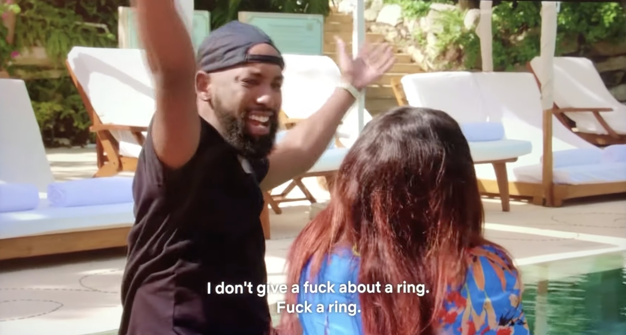 Carlton throws his hands in the air after throwing Diamond&#x27;s ring into the hotel pool saying he doesn&#x27;t give a fuck about a ring.