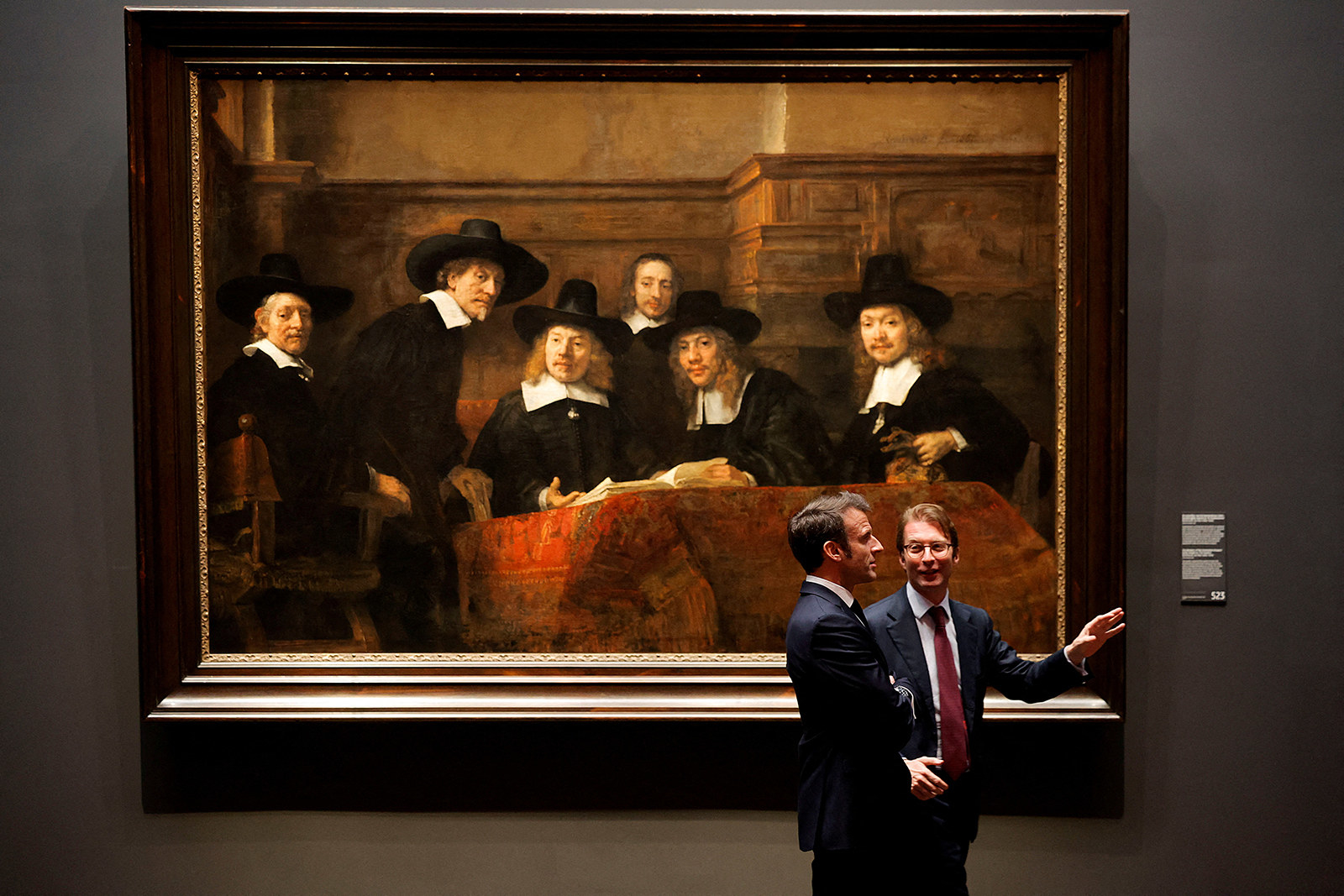 French President Emmanuel Macron and Rijksmuseum&#x27;s Director Taco Dibbits talk as they visit the Rijksmuseum, in Amsterdam, Netherlands