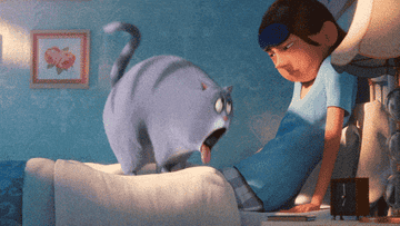 An animated cat coughing up a hairball on the bed of an animated character as the character stares at the cat