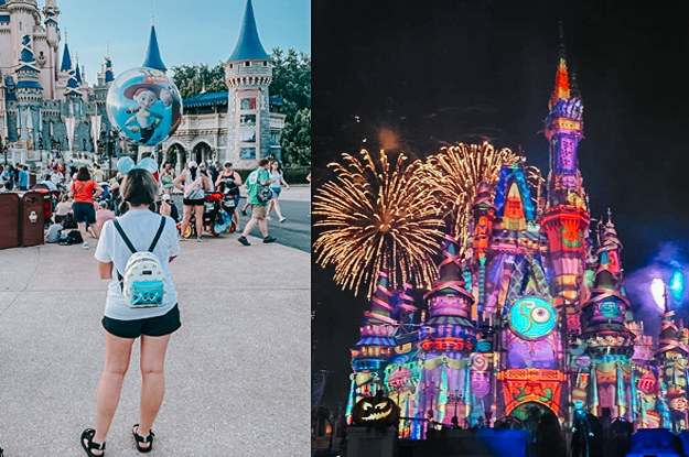 Standing in front of the castle with a balloon.  Fireworks at the castle.