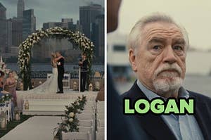 On the left, Willa and Connor from Succession under a wedding arch, and on the right, Logan Roy
