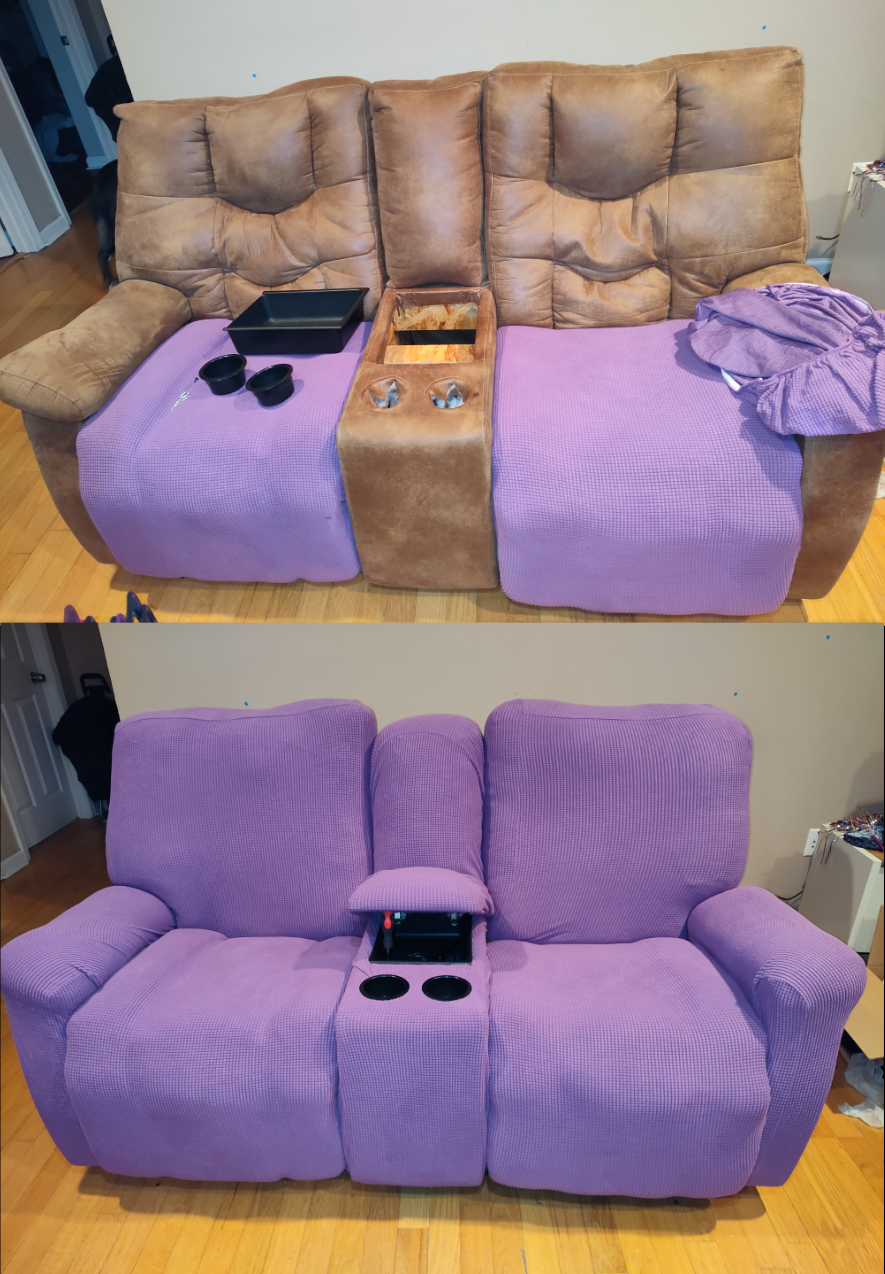 A before of the leather worn recliner and after in a purple slip cover