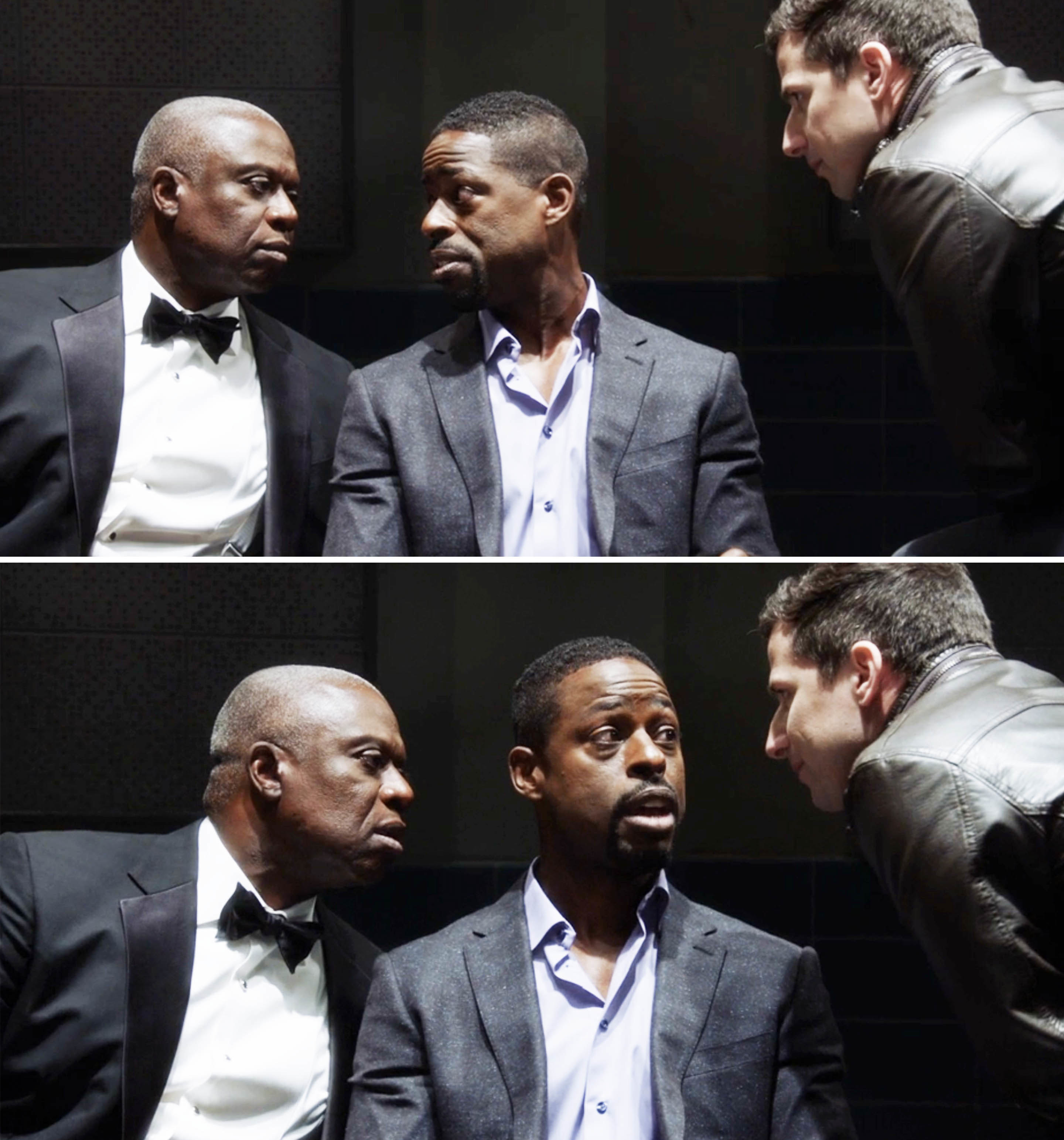 three men looking and talking to each other in close proximity
