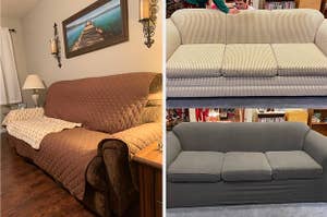 brown couch cover, before and after with grey couch cover