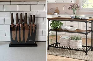 on left: clear knife set on kitchen counter. on right: oak prep table with dishes, pans, and storage baskets in kitchen