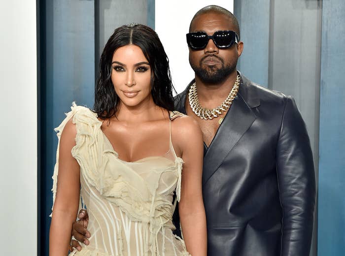 A closeup of Kim and Kanye