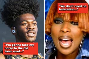 Lil Nas X performs onstage vs Mary J. Blige singing in a music video