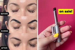 before and after pics of a brow product on brows, someone holding a lipstick