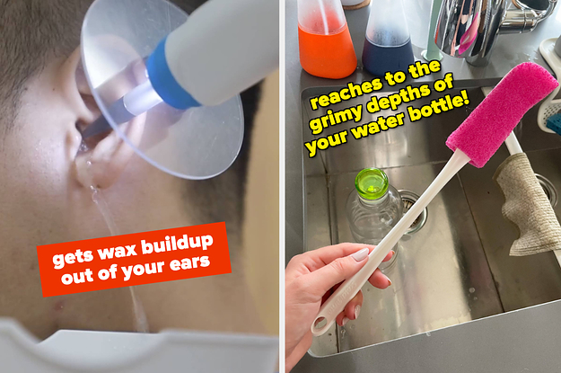 a person cleaning their ears out, and a person holding a bottle cleaner above the sink