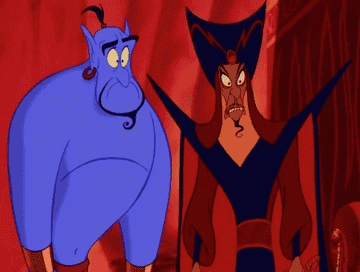 genie from Aladdin standing next to Jafar with mouth dropping open