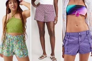 vibrant floral shorts, patterned shorts, low rise shorts