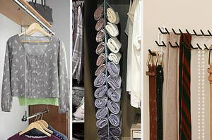 double hanging rack, rolled up leggings organizer, and tie and belt organizer
