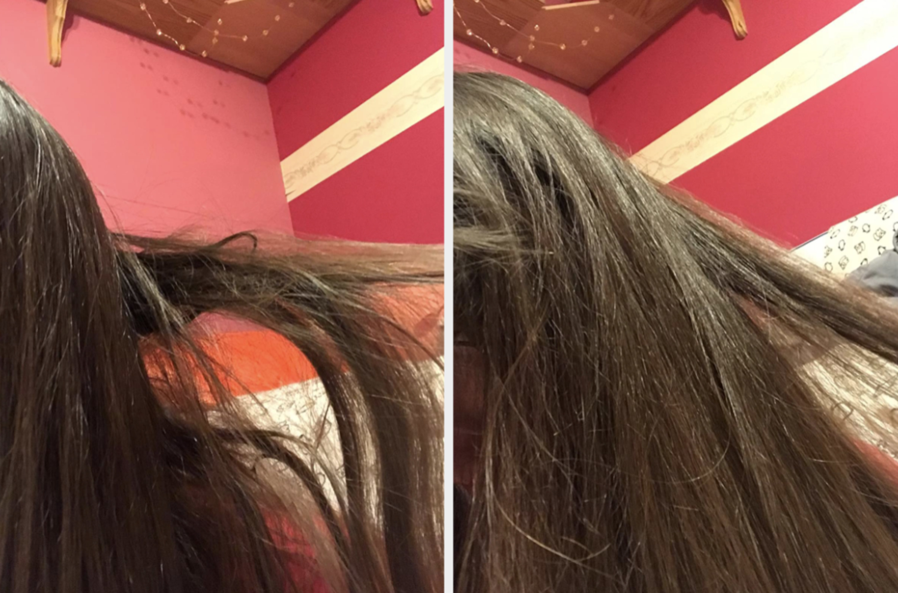 reviewer&#x27;s hair before with a large mat in the back and after smooth and straight &quot;this brush is sorcery&quot;