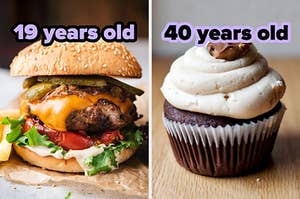 On the left, a cheeseburger labeled 19 years old, and on the right, a chocolate cupcake with peanut butter frosting labeled 40 years old