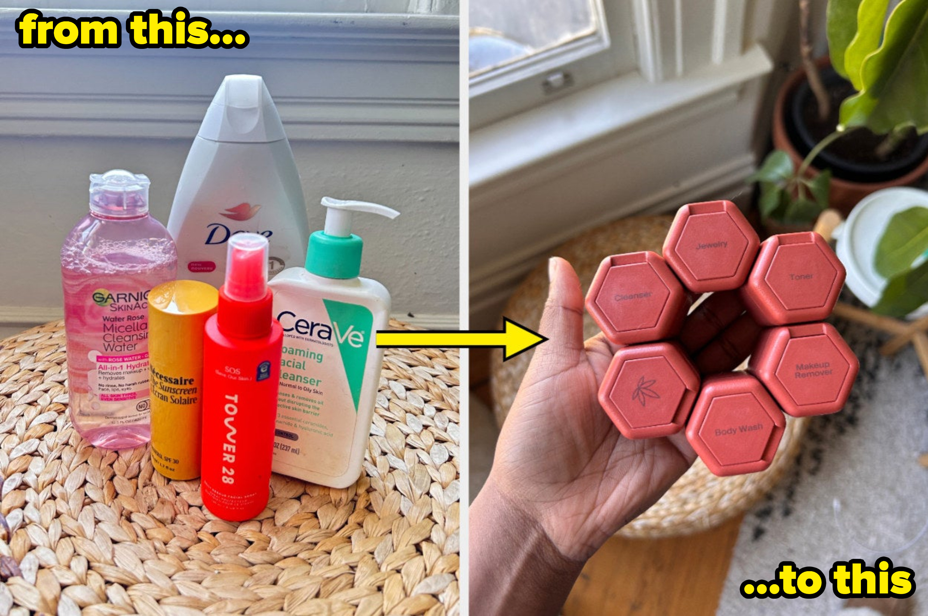 multiple full size bottles beside a photo of cadence containers saying &quot;from this to this&quot;