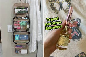 on left: beige cosmetics organizer filled with beauty supplies hanging up behind door. on right: BuzzFeed editor Elizabeth Lilly filling up pink travel perfume atomizer