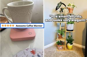 a pink mug warmer and text that reads "awesome coffee warmer"; the five-tiered plant stand and text that reads "it is small, sturdy, and looks very elegant"