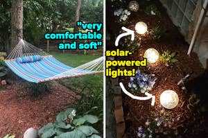 hammock on the left and solar powered lights on the right