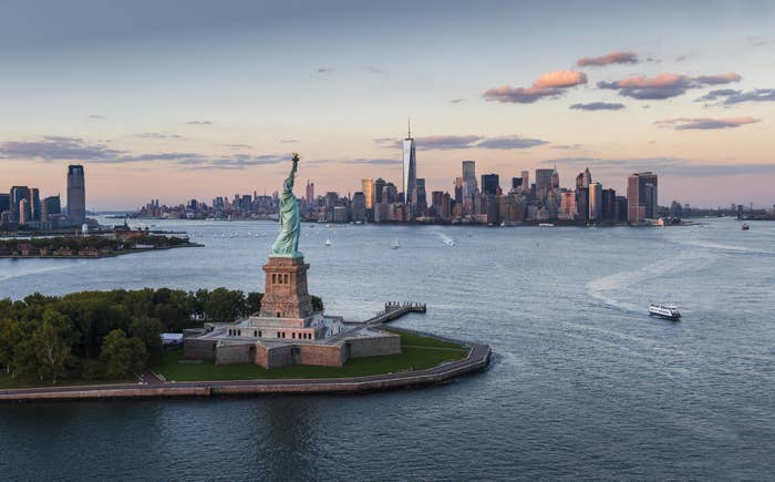 A view of the Statue of Liberty and Manhattan.