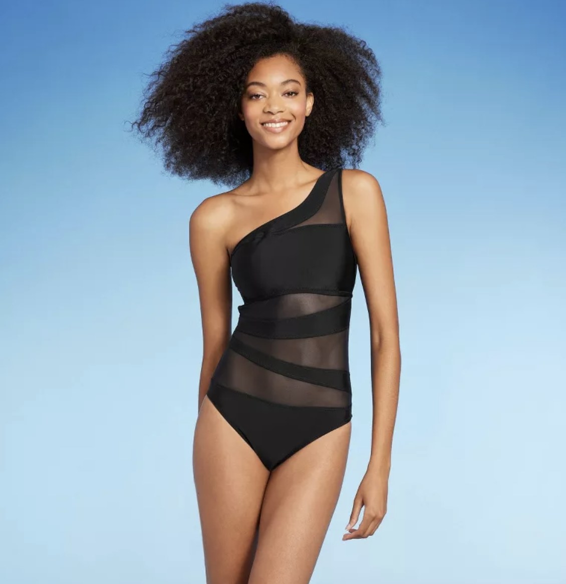 A black mesh one shoulder one piece swimsuit