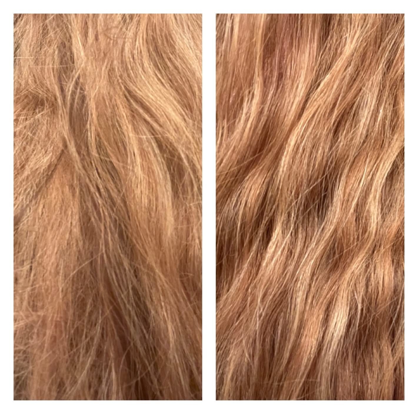 a before and after photo of reviewers hair after using the K18 treatment