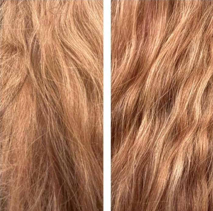 a before and after photo of reviewers hair after using the K18 treatment