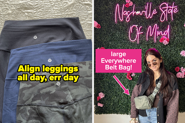 three pairs of align leggings layered on top of each other, someone wearing a large belt bag