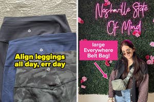 three pairs of align leggings layered on top of each other, someone wearing a large belt bag