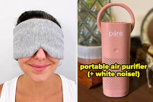 model with a gray sleep mask covering their eyes / a pink air purifier