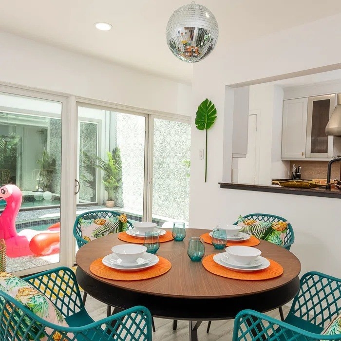 The disco ball in a jungle-themed kitchen