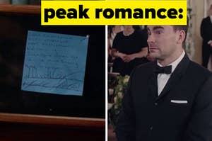 A framed blue Post-It has writing and signatures on it, next to a photo of a groom looking shocked, the text reads 'peak romance'