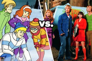 Scooby-Doo characters animated vs. live-action versions, text: vs.