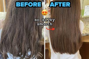 reviewer's child's hair tangled and wavy before and after shiny and straight "so silky smooth"