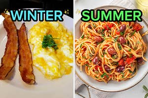 On the left, some bacon and scrambled eggs labeled winter, and on the right, some pasta puttanesca labeled summer