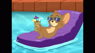 Cartoon mouse lounges on a pool floatie while drinking a tiki cocktail