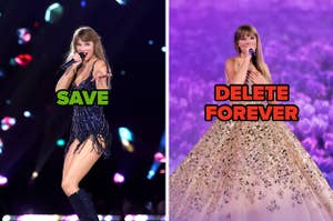 Taylor Swift in a bejeweled bodysuit side by side with a photo of her in a large ballgown