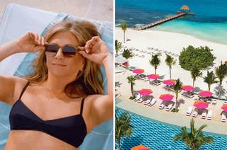 jennifer aniston puts on sunglasses in a bikini; an overview of a beachside resort