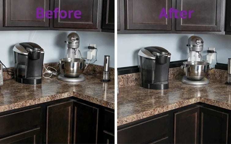 Two pictures showing a kitchen counter with appliances without the cable organizers and after