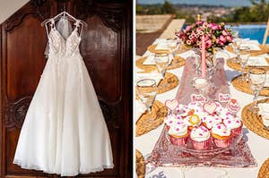 On the left, a wedding dress hanging on a dresser, and on the right, a table with place settings, flowers, and a tray of cupcakes that say bride to be on it
