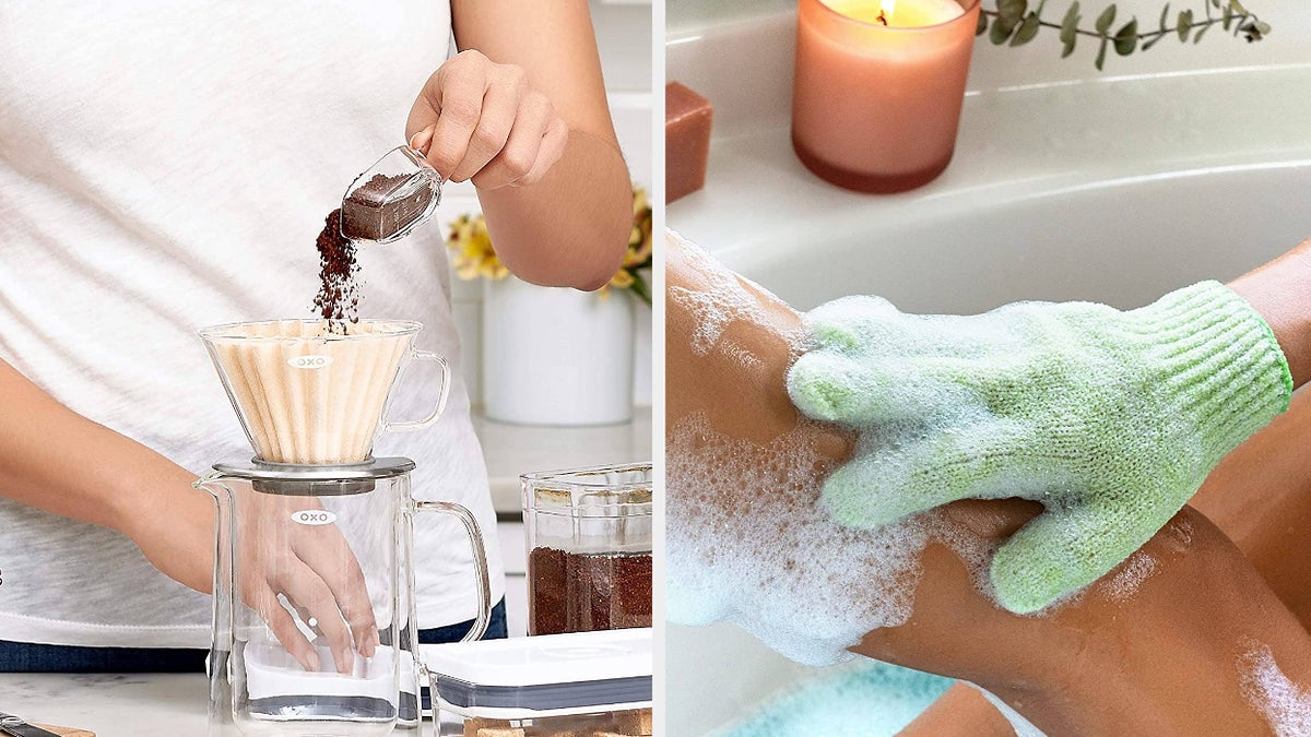 the mini coffee scoop and an exfoliating glove