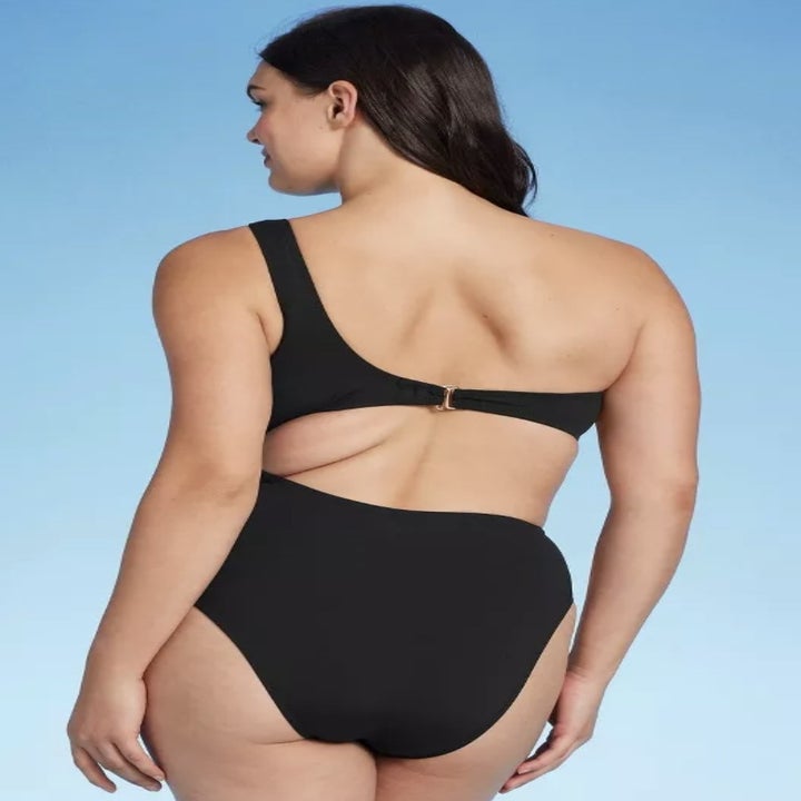 A one shoulder cutout one piece from the back