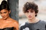 A photo of Kylie Jenner and Timothée Chalamet merged together.