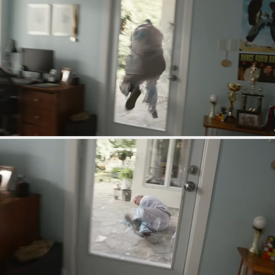 Joaquin jumping through a glass door