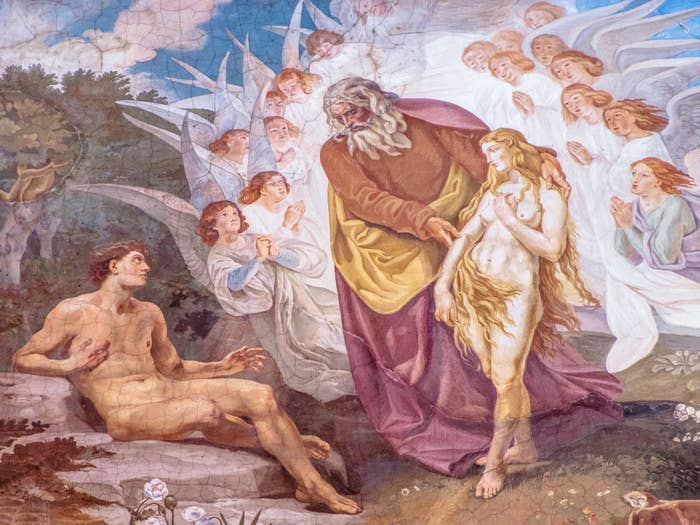 A painting with a man on a rock and a woman being presented, with angels overlooking