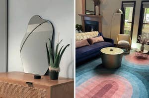 The wavy mirror on the left and the gold lamp in a living room on the right
