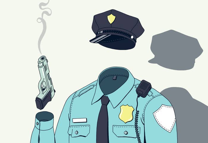 An illustration of a police officer&#x27;s hat and uniform, holding a smoking gun in the place of where a person should be. There is no hand or head, and a shadow behind the uniform shows a floating hat