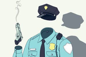 A police uniform, including a badge, walkie talkie, and peaked cap, holds up a smoking gun, but the head and hand holding the gun are absent